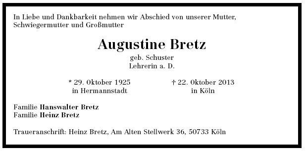 Schuster Augustine 1925-2013 Todesanzeige